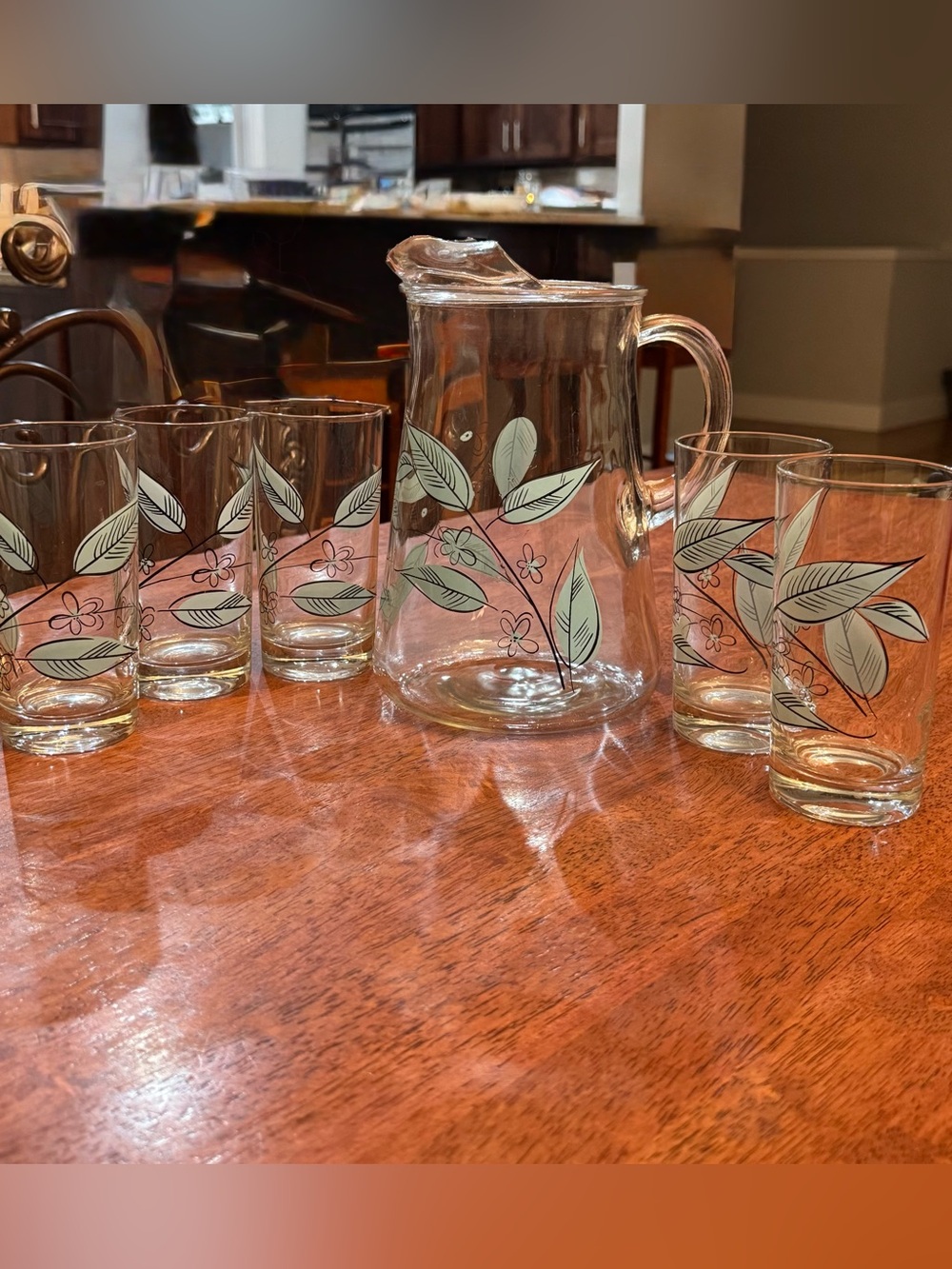 Vintage MCM 6-Piece Pitcher and Glass Set - Salem Biscayne Aqua Leaf Blue Floral